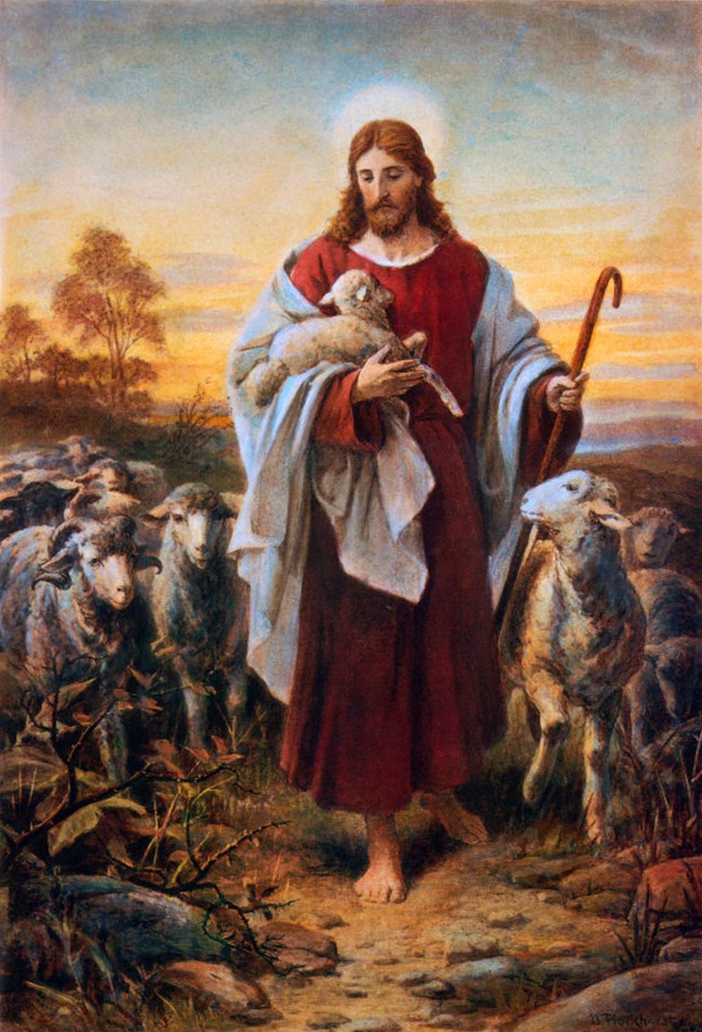 The Good Shepherd carrying a lamb, painted by Bernhard Plockhorst